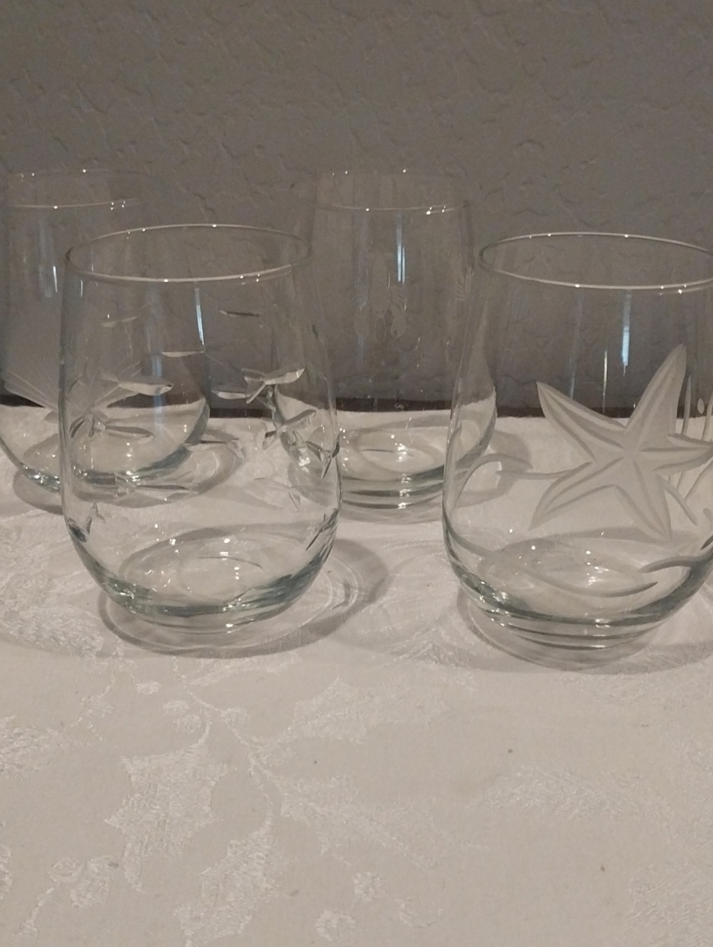 Etched Seaside Theme Stemless Wine Glasses - Set of 4